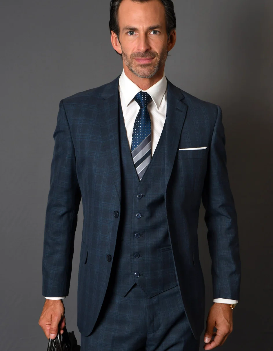 Elegante traje de lana 100% para hombre: chaleco y traje de negocios a cuadros azul marino. ¡Impecable!