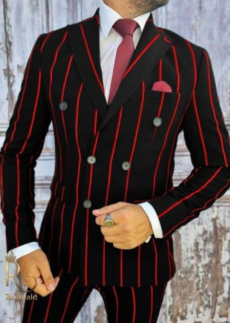 Traje Gangster Elegante: Raya Diplomática Negra y Roja. Estilo Vintage. Double Breasted. ¡Imprescindible!